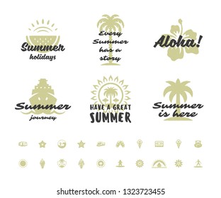 Summer holidays typography inspirational quotes design for posters or apparels set vector illustration. Hand drawn style symbols and objects.