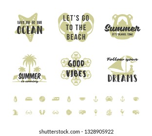 Summer holidays typography inspirational quotes design for posters or apparels set vector illustration. Hand drawn style symbols and objects.