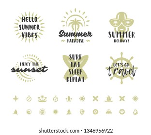 Summer holidays typography inspirational quotes or sayings design for t-shirts, mugs, greeting cards, photo overlays, decor prints and poster vector illustration. Hand drawn style symbols and objects.