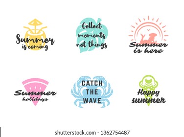 Summer holidays typography inspirational quotes or sayings design for t-shirts, mugs, greeting cards, photo overlays, decor prints and poster vector illustration. Symbols and objects.