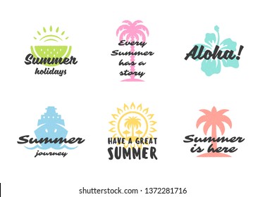 Summer holidays typography inspirational quotes or sayings design for t-shirts, mugs, greeting cards, photo overlays, decor prints and poster vector illustration. Symbols and objects.