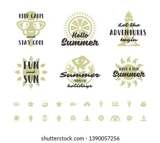 Summer holidays typography inspirational quotes or sayings design for t-shirts, mugs, greeting cards, photo overlays, decor prints and poster vector illustration. Hand drawn style symbols and objects.