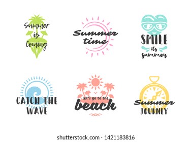 Summer holidays typography inspirational quotes or sayings design for t-shirts, mugs, greeting cards, photo overlays, decor prints and poster vector illustration. Symbols and objects.