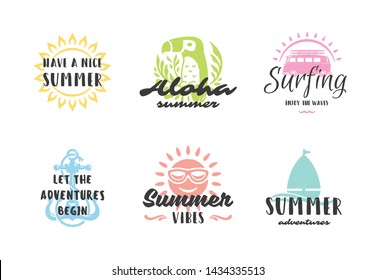 Summer holidays typography inspirational quotes or sayings design for t-shirts, mugs, greeting cards, photo overlays, decor prints and poster vector illustration. Symbols and objects.