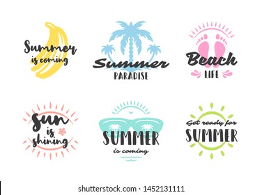 Summer holidays typography inspirational quotes design for posters or apparels set vector illustration. Hand drawn style symbols and objects.