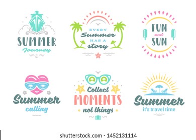 Summer holidays typography inspirational quotes or sayings design for t-shirts, mugs, greeting cards, photo overlays, decor prints and poster vector illustration. Symbols and objects.