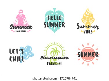Summer holidays typography inspirational quotes design for posters or apparels set vector illustration. Hand drawn style symbols and objects.