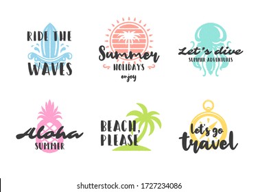 Summer holidays typography inspirational quotes design for posters or apparels set vector illustration. Hand drawn style symbols and objects.