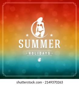 Summer holidays typography label design on grunge textured paper background. Vector illustration good for posters or flyers.