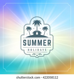 Summer Holidays Typography Label Design on Summer Landscape and Sky Background. Vector illustration good for Posters or Flyers.
