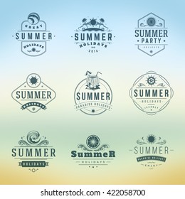 Summer Holidays Typography Labels Or Badges Vector Design, Silhouettes And Icons For Posters, Greeting Cards And Advertising Vintage Style.
