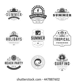 Summer Holidays Typography Labels or Badges Vector Design, Summer Silhouettes and Icons for Posters, Greeting Cards and Advertising. Vintage style.