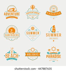 Summer Holidays Typography Labels or Badges Vector Design, Summer Silhouettes and Icons for Posters, Greeting Cards and Advertising. Vintage style. 
