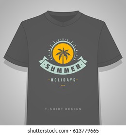 Summer holidays typography tee shirt print graphics template vector illustration. Badge or Label stamp for t-shirt apparel design. Summer silhouettes and symbols and decoration elements.