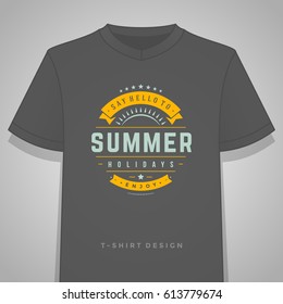 Summer holidays typography tee shirt print graphics template vector illustration. Badge or Label stamp for t-shirt apparel design. Summer silhouettes and symbols and decoration elements.