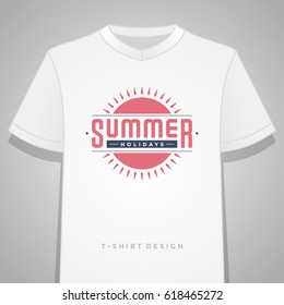 Summer holidays typography tee shirt print graphics template vector illustration. Badge or Label stamp for t-shirt apparel design. Summer symbols and decoration elements.