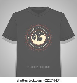 Summer holidays typography tee shirt print graphics template vector illustration. Badge or Label stamp for t-shirt apparel design. Summer symbols and decoration elements.