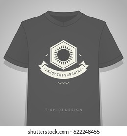 Summer holidays typography tee shirt print graphics template vector illustration. Badge or Label stamp for t-shirt apparel design. Summer symbols and decoration elements.