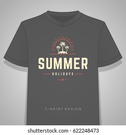 Summer holidays typography tee shirt print graphics template vector illustration. Badge or Label stamp for t-shirt apparel design. Summer symbols and decoration elements.