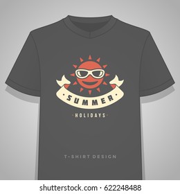 Summer holidays typography tee shirt print graphics template vector illustration. Badge or Label stamp for t-shirt apparel design. Summer symbols and decoration elements.