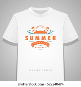 Summer holidays typography tee shirt print graphics template vector illustration. Badge or Label stamp for t-shirt apparel design. Summer symbols and decoration elements.