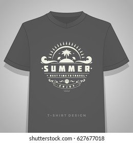 Summer holidays typography tee shirt print graphics template vector illustration. Badge or Label stamp for t-shirt apparel design. Summer symbols and decoration elements.