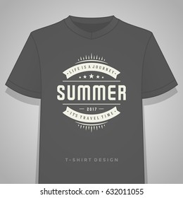 Summer holidays typography tee shirt print graphics template vector illustration. Badge or Label stamp for t-shirt apparel design. Summer symbols and decoration elements.