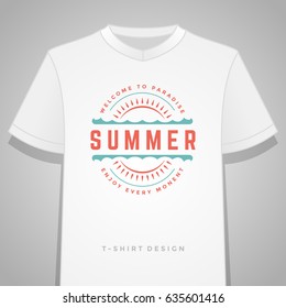 Summer holidays typography tee shirt print graphics template vector illustration. Badge or Label stamp for t-shirt apparel design. Summer symbols and decoration elements.