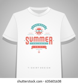 Summer holidays typography tee shirt print graphics template vector illustration. Badge or Label stamp for t-shirt apparel design. Summer symbols and decoration elements.