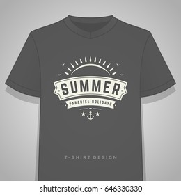 Summer holidays typography tee shirt print graphics template vector illustration. Badge or Label stamp for t-shirt apparel design. Summer symbols and decoration elements.