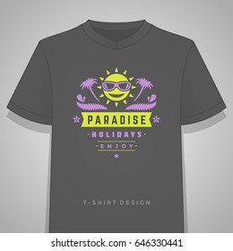 Summer holidays typography tee shirt print graphics template vector illustration. Badge or Label stamp for t-shirt apparel design. Summer symbols and decoration elements.