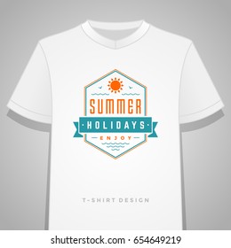 Summer holidays typography tee shirt print graphics template vector illustration. Badge or Label stamp for t-shirt apparel design. Summer symbols and decoration elements.