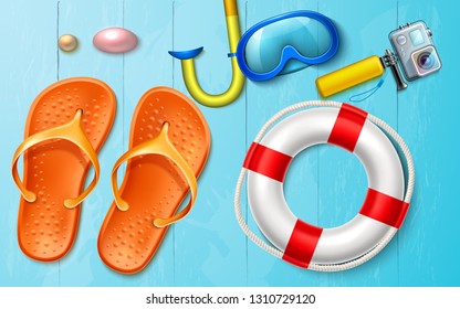 Summer holidays and vacation concept poster with swimming and snorkeling accessories. Flip-flops, inflatable safety ring, action camera in waterproof case, snorkel and goggles. Vector sea vacation