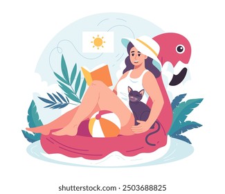 Summer holidays vacation. Girl in swimsuit sitting on pink flamingo inflatable ring. Woman relaxing and sunbathing. Vector illustration