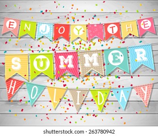 Summer holidays and vacation. Hanging colorful flags with the inscription "Enjoy the summer holiday" on the background of wood. Colorful confetti. Vector illustration.