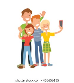 Summer holidays, vacation and happiness concept. Friends group taking selfie with smartphone, vector illustration