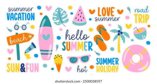 Summer holidays vacation, road trip and fun rest on beach stickers with travel and leisure activity supplies accessories vector illustration. Active journey, paradise tourism and relax time concept