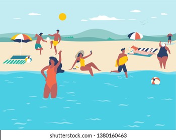 Summer holidays. Vacation scene with multiple people on sandy beach. Flat design illustration.