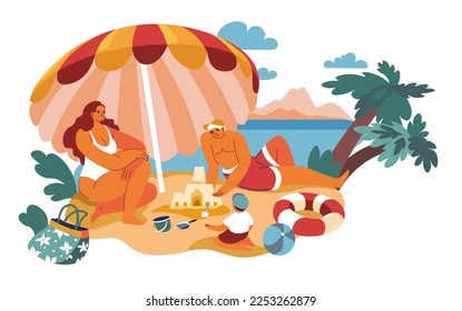 Summer holidays and vacation at seaside, isolated man and woman with child sitting under umbrella by sea or ocean water. Family on weekend resting and having fun. Vector in flat style illustration