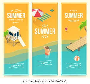 Summer Holidays, Vacation, Set Of Banners, Isometric Design