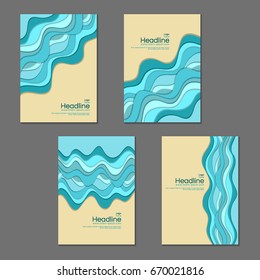 Summer holidays vacation templates cartoon design set. Vector background illustrations of abstract beach with blue sea waves and sand. Flyer, cover layouts collection. Curve lines, blue stripes.