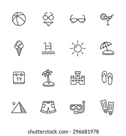 Summer holidays and vacation thin line icons