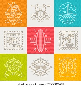 Summer holidays, vacation and travel emblems, signs and labels - Line drawing vector illustration