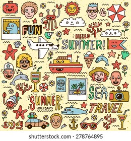 Summer Holidays Vacation Travel Funny Doodle Vector set. Hand drawn illustration. Colorful pattern.