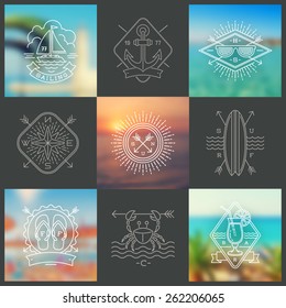 Summer holidays, vacation and travel line drawing signs and emblems on a blurred backgrounds - vector illustration