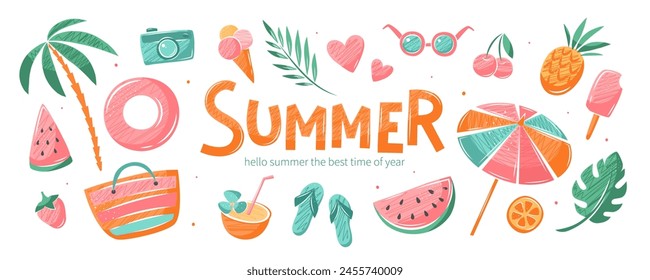 Summer holidays, vacation travel.Set of summer vector illustrations for poster, banner, cover, card.