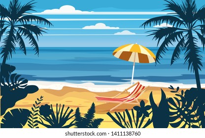 Summer holidays vacation umbrella beach chair seascape landscape ocean sea beach, coast, palm leaves. Tropical leaves, palm trees, template, vector, banner, poster, illustration, isolated