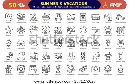 Summer holidays and vacations Icon Set. Thin line editable stroke icons for beach, summertime activities, travel, holiday, tropical, camping, tourism