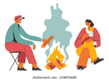Summer holidays and vacations outdoors, man and woman sitting by bonfire putting logs and getting warmth. Camping and traveling, tourist couple on chairs talking by fire. Vector in flat style
