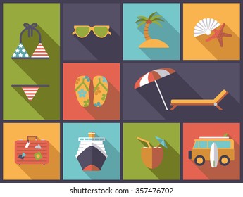 Summer holidays and vacations symbols horizontal flat design illustration